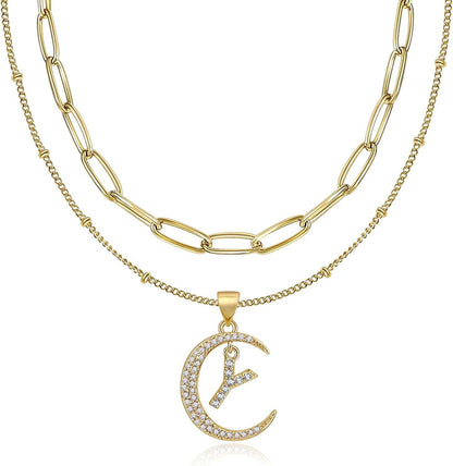 Gold Moon Initial Necklace for Women Cubic Zirconia Necklace Crescent Moon Letter a to Z Pendant Necklaces 14K Gold Plated Dainty Layered Paperclip Link Chain Choker Jewelry Gift for Her Y