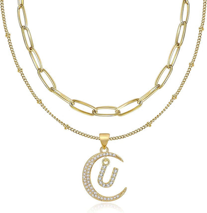 Gold Moon Initial Necklace for Women Cubic Zirconia Necklace Crescent Moon Letter a to Z Pendant Necklaces 14K Gold Plated Dainty Layered Paperclip Link Chain Choker Jewelry Gift for Her U