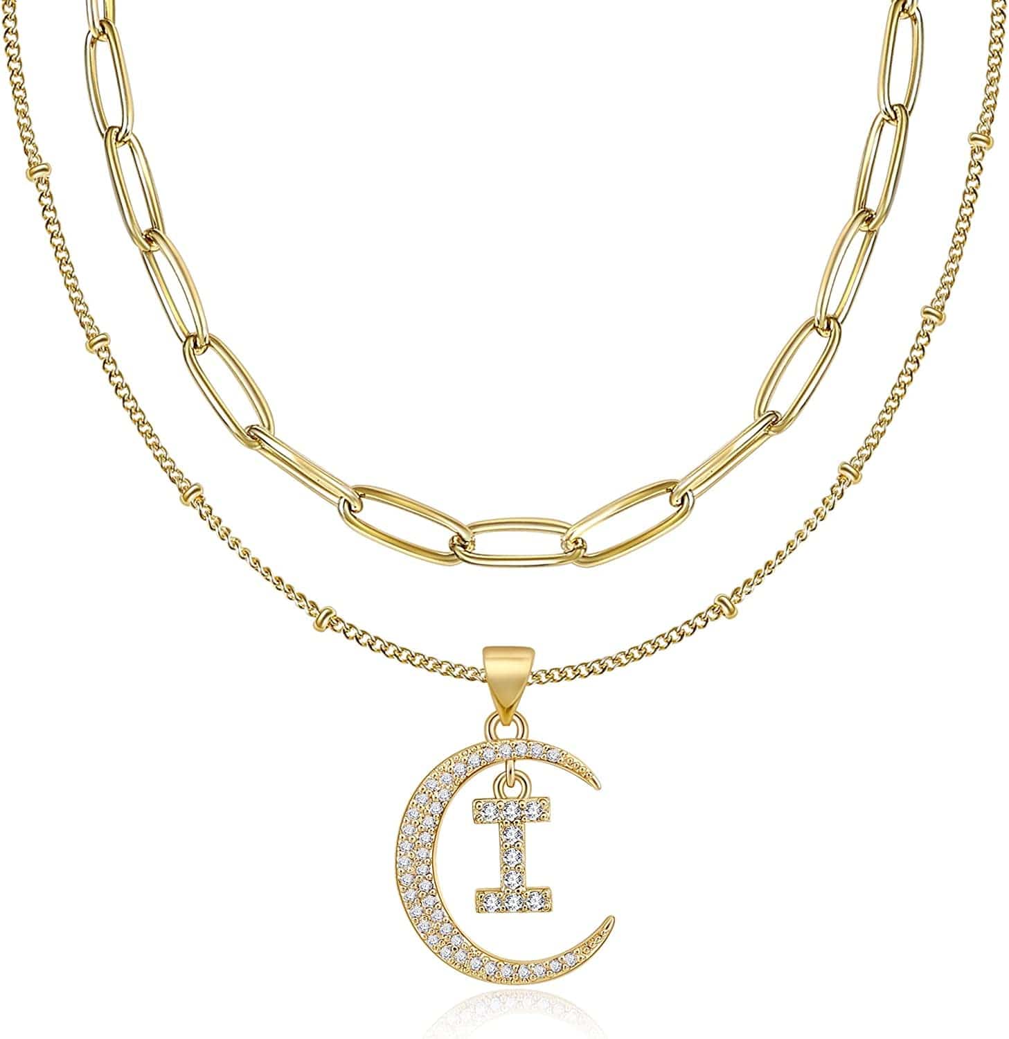 Gold Moon Initial Necklace for Women Cubic Zirconia Necklace Crescent Moon Letter a to Z Pendant Necklaces 14K Gold Plated Dainty Layered Paperclip Link Chain Choker Jewelry Gift for Her I