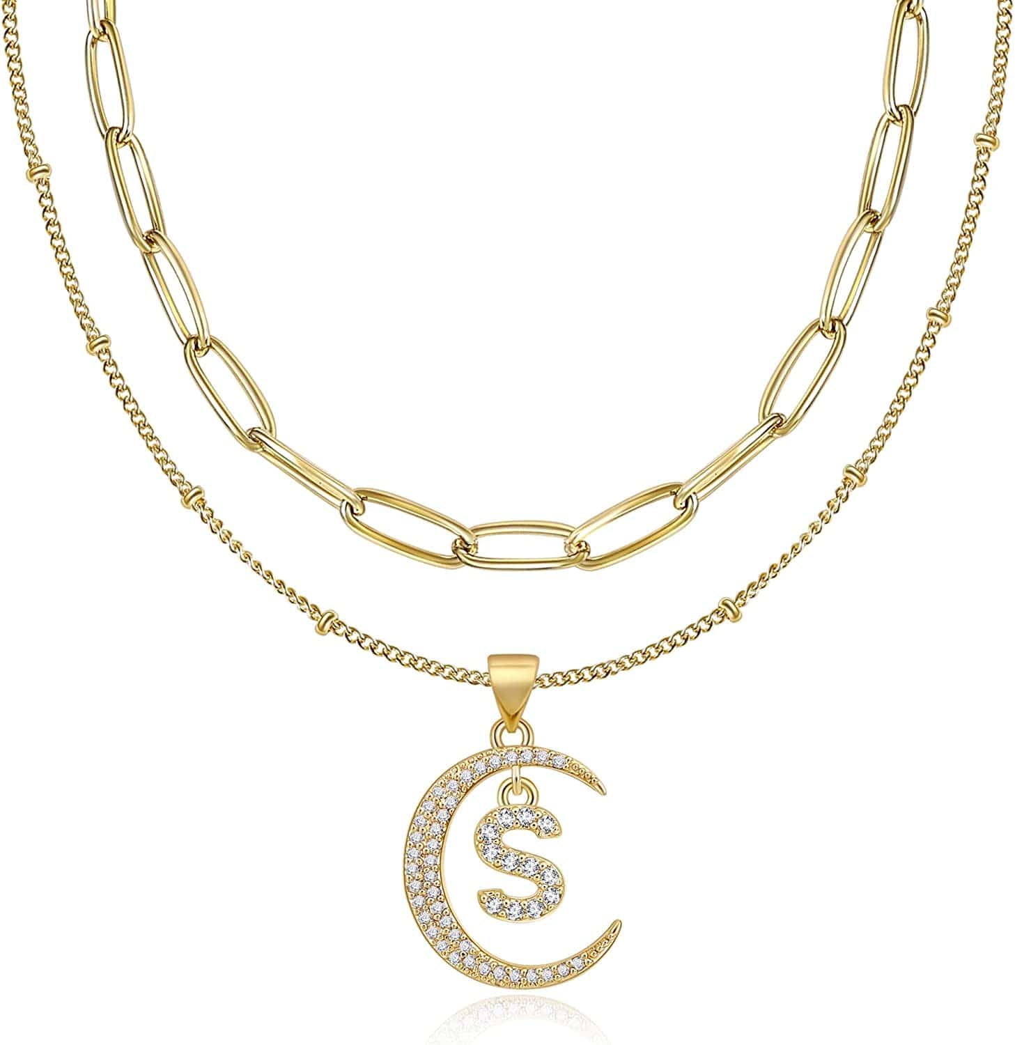 Gold Moon Initial Necklace for Women Cubic Zirconia Necklace Crescent Moon Letter a to Z Pendant Necklaces 14K Gold Plated Dainty Layered Paperclip Link Chain Choker Jewelry Gift for Her S