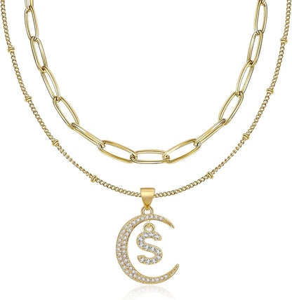 Gold Moon Initial Necklace for Women Cubic Zirconia Necklace Crescent Moon Letter a to Z Pendant Necklaces 14K Gold Plated Dainty Layered Paperclip Link Chain Choker Jewelry Gift for Her S