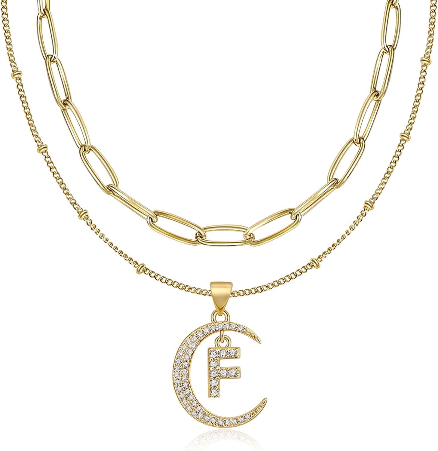 Gold Moon Initial Necklace for Women Cubic Zirconia Necklace Crescent Moon Letter a to Z Pendant Necklaces 14K Gold Plated Dainty Layered Paperclip Link Chain Choker Jewelry Gift for Her F