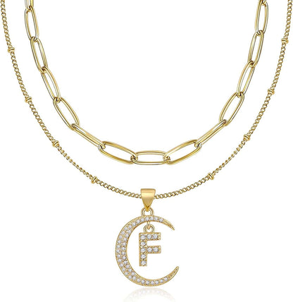 Gold Moon Initial Necklace for Women Cubic Zirconia Necklace Crescent Moon Letter a to Z Pendant Necklaces 14K Gold Plated Dainty Layered Paperclip Link Chain Choker Jewelry Gift for Her F