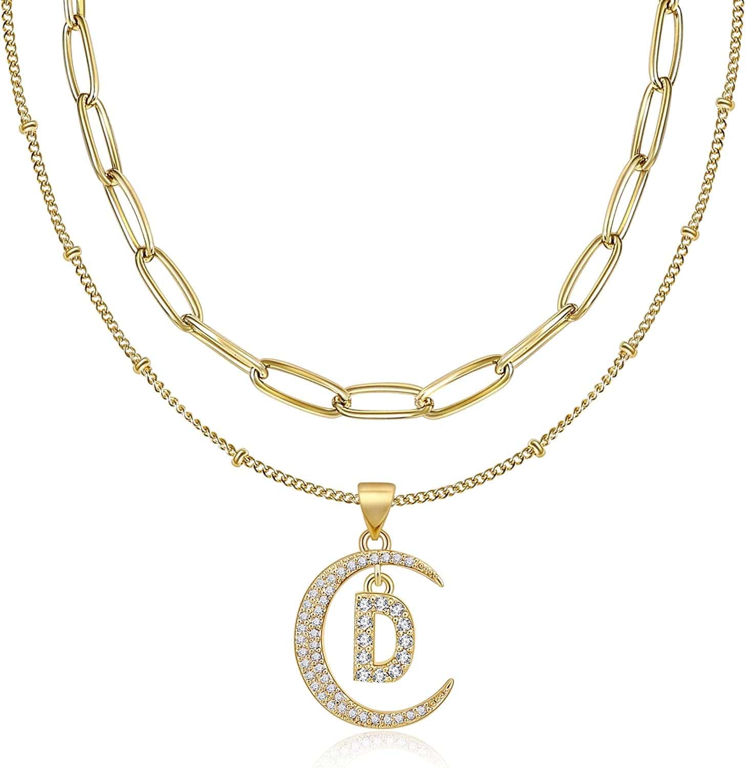 Gold Moon Initial Necklace for Women Cubic Zirconia Necklace Crescent Moon Letter a to Z Pendant Necklaces 14K Gold Plated Dainty Layered Paperclip Link Chain Choker Jewelry Gift for Her D
