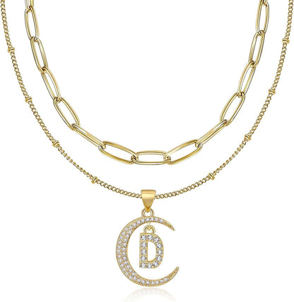 Gold Moon Initial Necklace for Women Cubic Zirconia Necklace Crescent Moon Letter a to Z Pendant Necklaces 14K Gold Plated Dainty Layered Paperclip Link Chain Choker Jewelry Gift for Her D