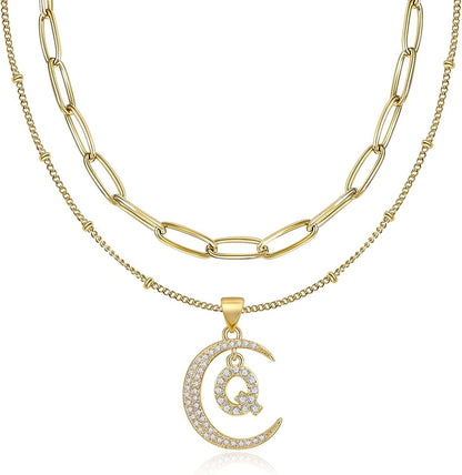 Gold Moon Initial Necklace for Women Cubic Zirconia Necklace Crescent Moon Letter a to Z Pendant Necklaces 14K Gold Plated Dainty Layered Paperclip Link Chain Choker Jewelry Gift for Her Q
