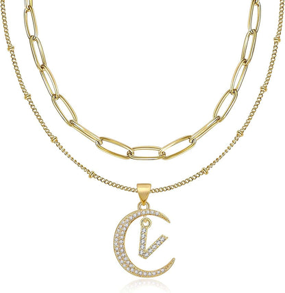 Gold Moon Initial Necklace for Women Cubic Zirconia Necklace Crescent Moon Letter a to Z Pendant Necklaces 14K Gold Plated Dainty Layered Paperclip Link Chain Choker Jewelry Gift for Her V Initial Necklace