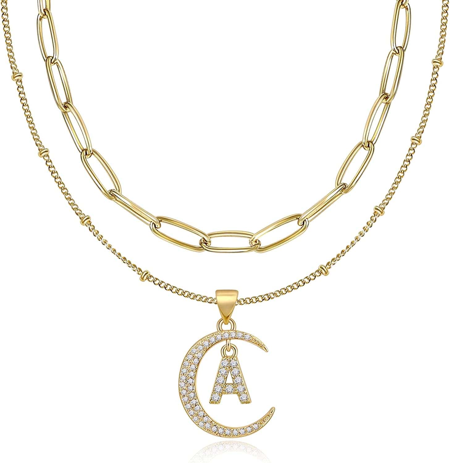 Gold Moon Initial Necklace for Women Cubic Zirconia Necklace Crescent Moon Letter a to Z Pendant Necklaces 14K Gold Plated Dainty Layered Paperclip Link Chain Choker Jewelry Gift for Her A initial necklaces