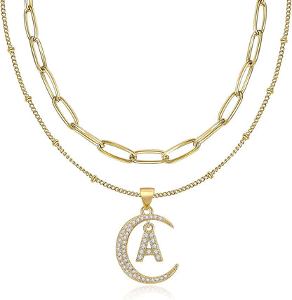 Gold Moon Initial Necklace for Women Cubic Zirconia Necklace Crescent Moon Letter a to Z Pendant Necklaces 14K Gold Plated Dainty Layered Paperclip Link Chain Choker Jewelry Gift for Her A initial necklaces