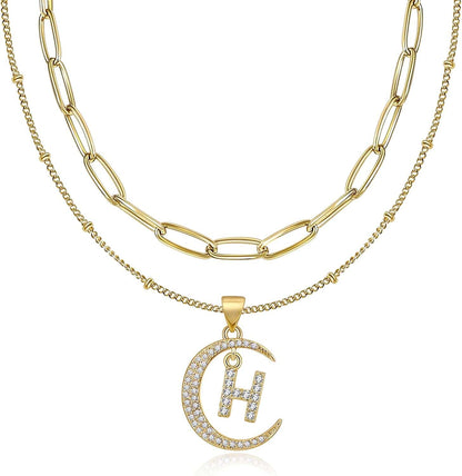 Gold Moon Initial Necklace for Women Cubic Zirconia Necklace Crescent Moon Letter a to Z Pendant Necklaces 14K Gold Plated Dainty Layered Paperclip Link Chain Choker Jewelry Gift for Her H