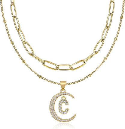 Gold Moon Initial Necklace for Women Cubic Zirconia Necklace Crescent Moon Letter a to Z Pendant Necklaces 14K Gold Plated Dainty Layered Paperclip Link Chain Choker Jewelry Gift for Her C