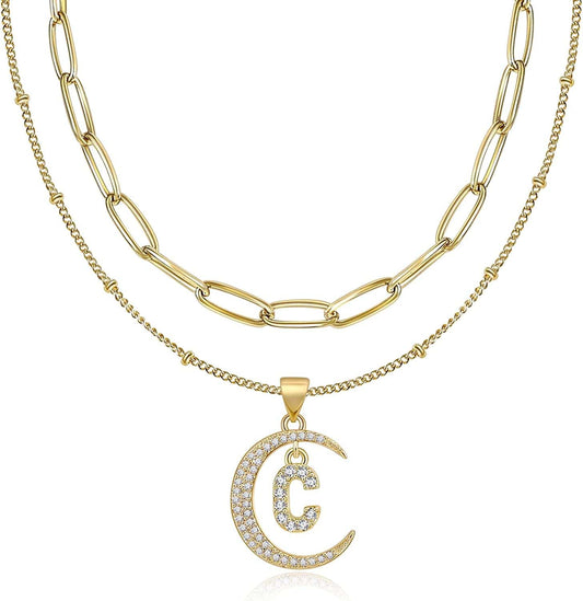 Gold Moon Initial Necklace for Women Cubic Zirconia Necklace Crescent Moon Letter a to Z Pendant Necklaces 14K Gold Plated Dainty Layered Paperclip Link Chain Choker Jewelry Gift for Her C