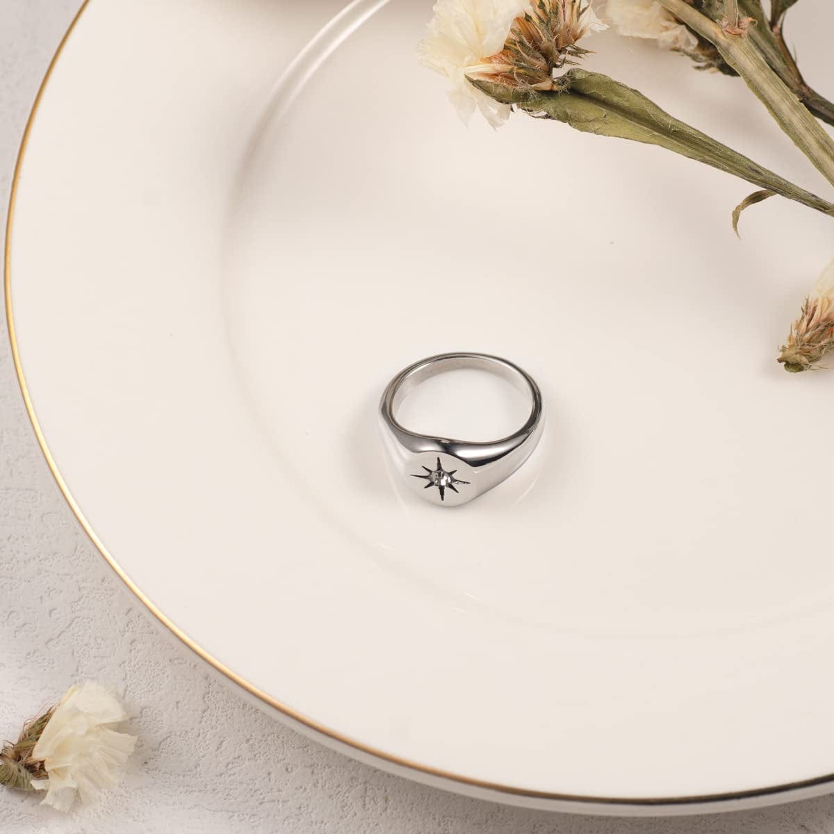 Gold Smiley|Frown Face/North Star Ring Solid Stainless Steel Simple Signet Band Ring Everyday Jewelry