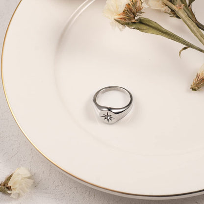 Gold Smiley|Frown Face/North Star Ring Solid Stainless Steel Simple Signet Band Ring Everyday Jewelry