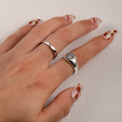 Gold Smiley|Frown Face/North Star Ring Solid Stainless Steel Simple Signet Band Ring Everyday Jewelry