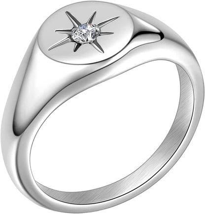 Gold Smiley|Frown Face/North Star Ring Solid Stainless Steel Simple Signet Band Ring Everyday Jewelry North Star(silver) / 8