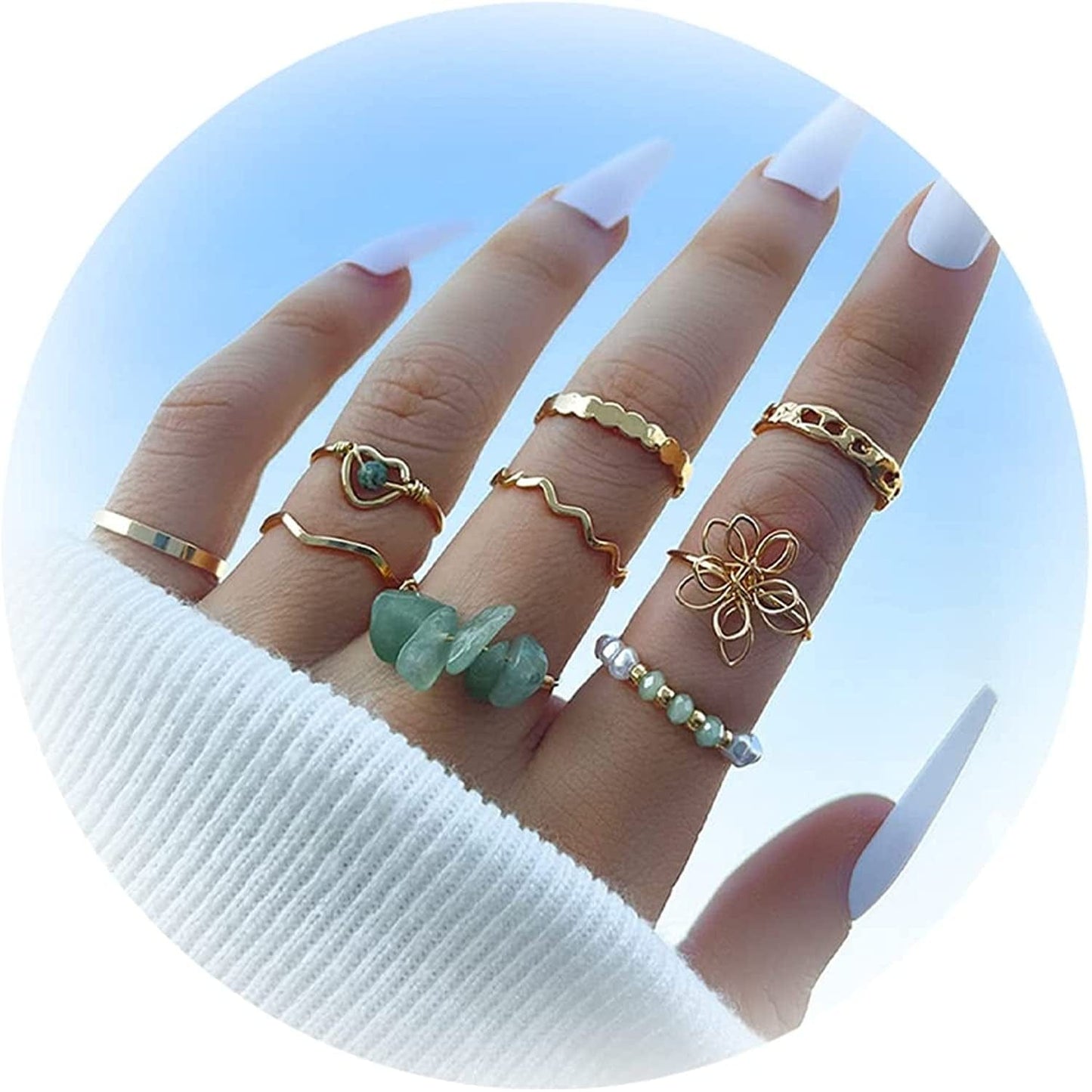 Gold Stacking Rings for Women Butterfly Knuckle Rings Snake Rings Moon Star Rings Heart Stacking Rings for Girls Green Crystal Ring Set