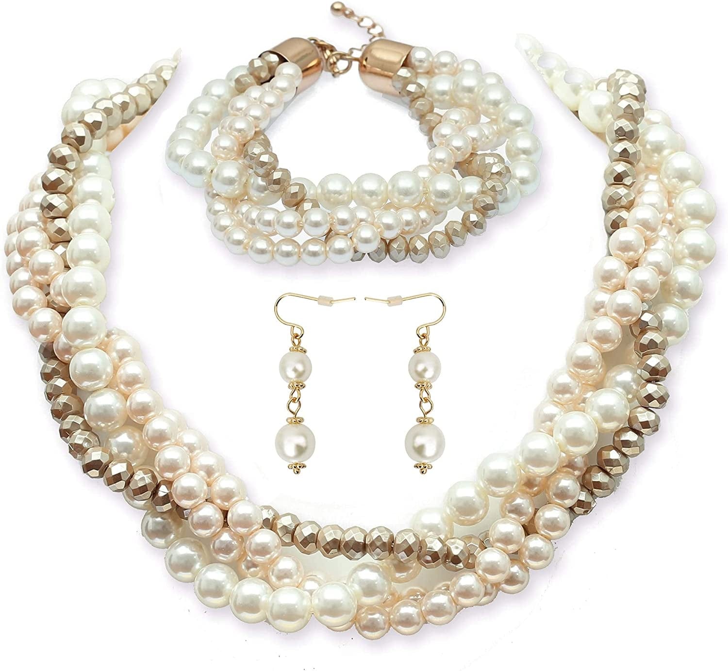 Gold Statement Necklace Costume Jewelry Sets for Women,Aesthetic Collar Necklace and Earring Sets Fashion Accessories for Bridal Party Pearl Jewelry Sets