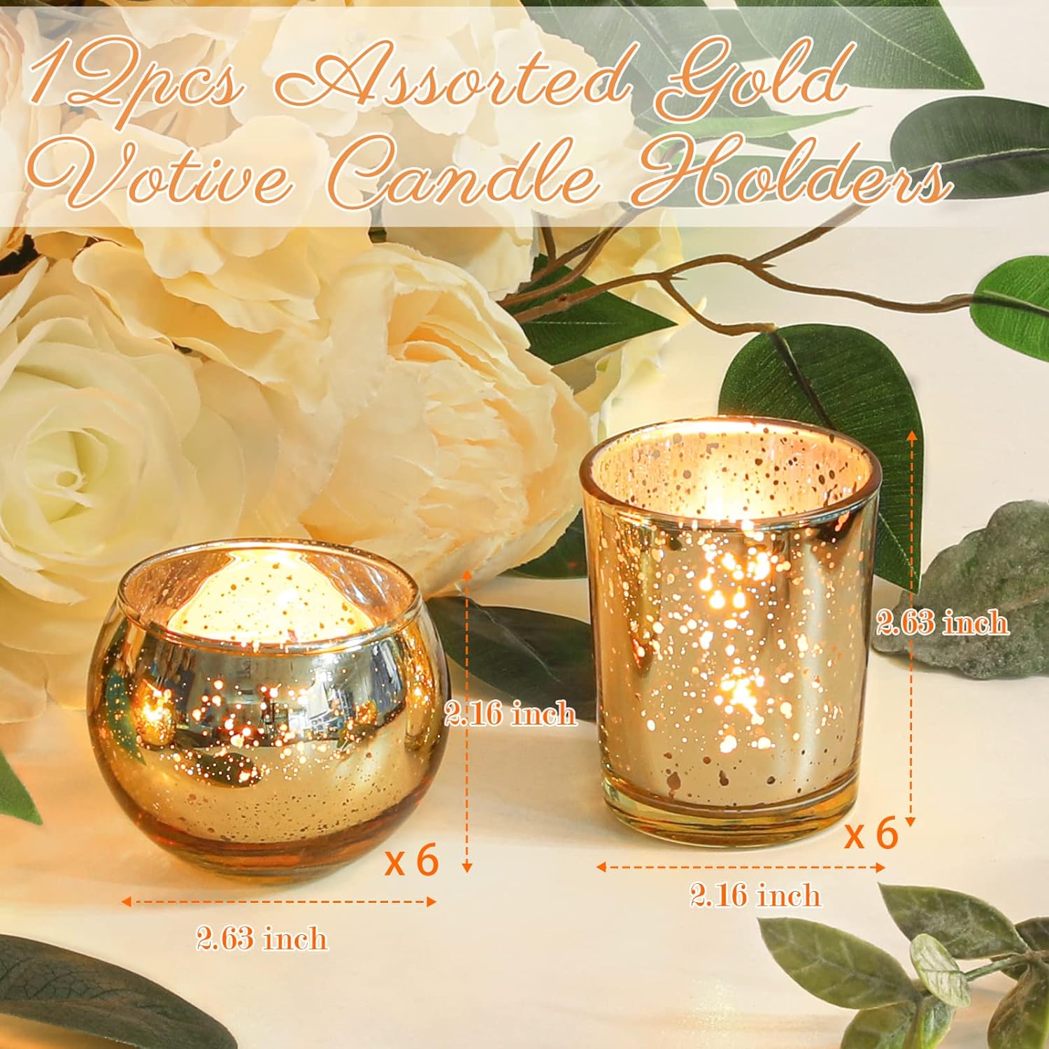 Gold Votive Candle Holders 12Pcs Assorted Gold Mercury Glass Votives Tealight Candle Holder Gold Candle Holders for Table Centerpiece Wedding Bridal Shower Engagement Party Festival Holiday Home Decor