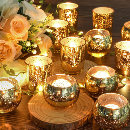 Gold Votive Candle Holders 12Pcs Assorted Gold Mercury Glass Votives Tealight Candle Holder Gold Candle Holders for Table Centerpiece Wedding Bridal Shower Engagement Party Festival Holiday Home Decor