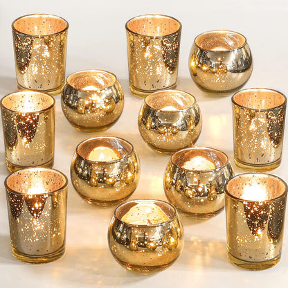 Gold Votive Candle Holders 12Pcs Assorted Gold Mercury Glass Votives Tealight Candle Holder Gold Candle Holders for Table Centerpiece Wedding Bridal Shower Engagement Party Festival Holiday Home Decor Gold-12Pcs