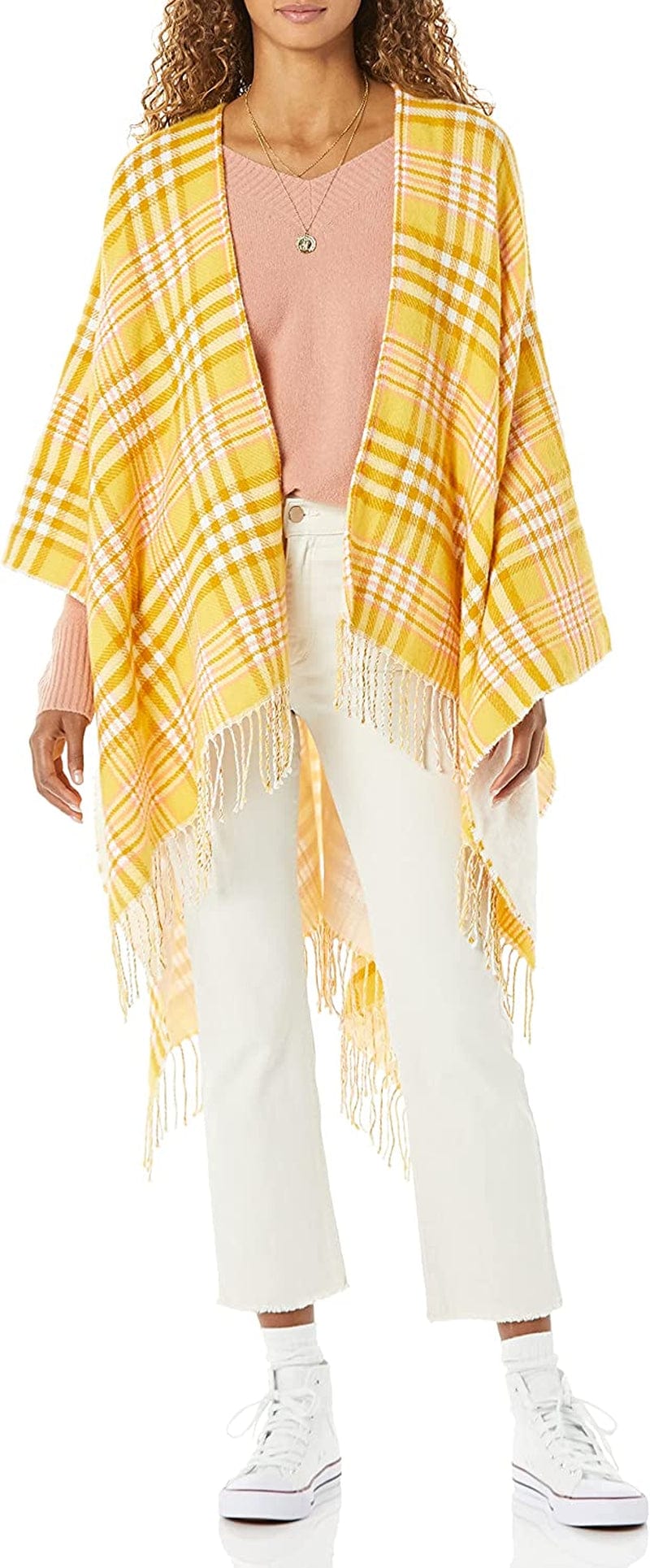 Goodthreads Women'S Fringe Ruanna Wrap Scarf Apparel & Accessories > Clothing Accessories > Scarves & Shawls Goodthreads Ochre/Pink, Kilt Plaid One Size 