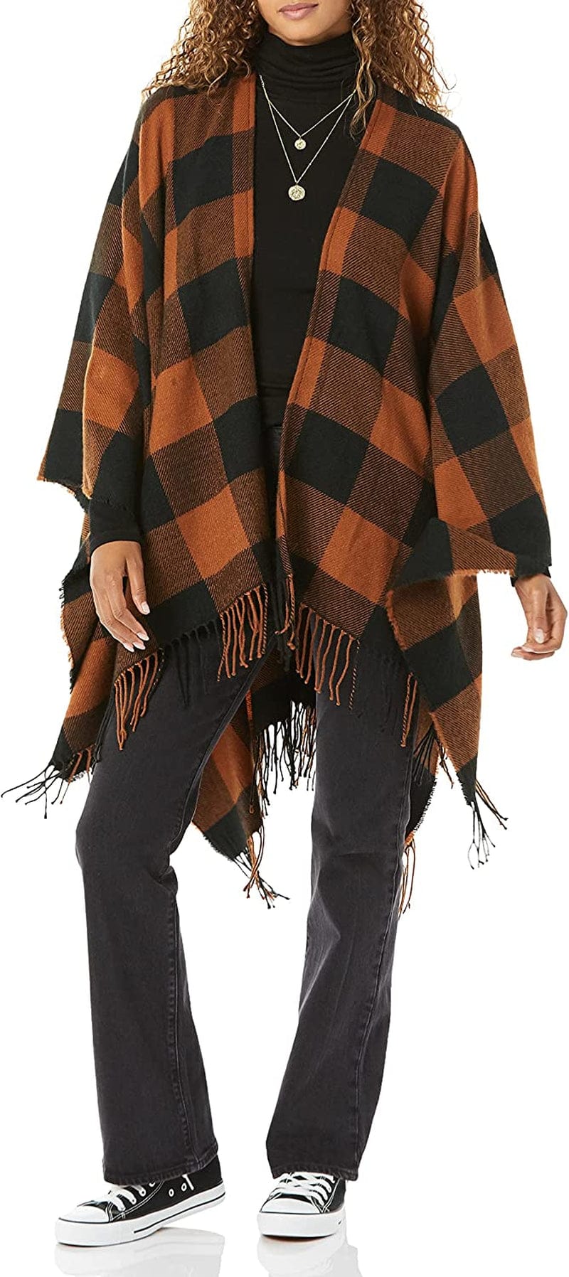 Goodthreads Women'S Fringe Ruanna Wrap Scarf Apparel & Accessories > Clothing Accessories > Scarves & Shawls Goodthreads Dark Camel/Navy, Buffalo One Size 