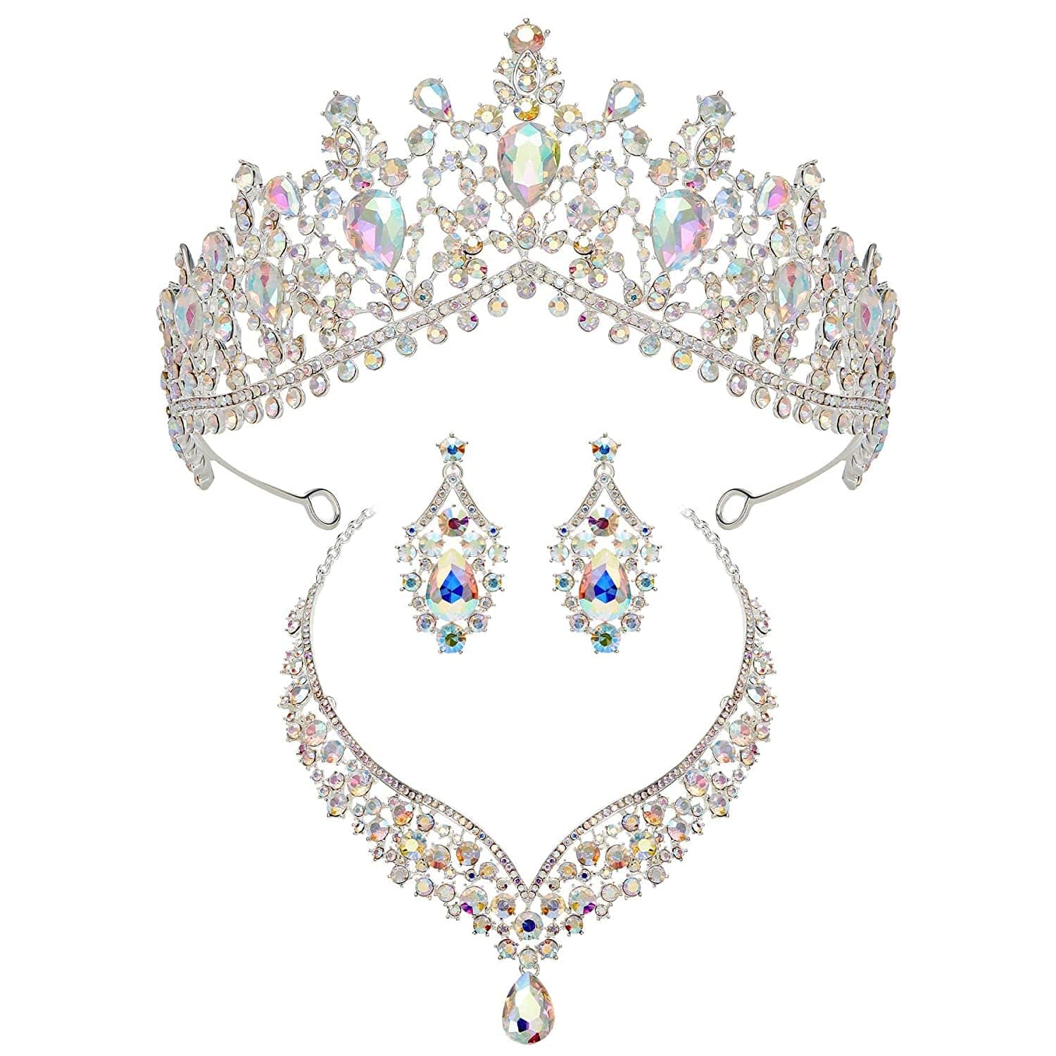 Gothic Tiaras and Crowns for Women, Black Tiara Earrings Necklace, Bridal Jewelry Set, Goth Crystal Costume Party Halloween Prom Pageant Jewelry for Women Multicolored