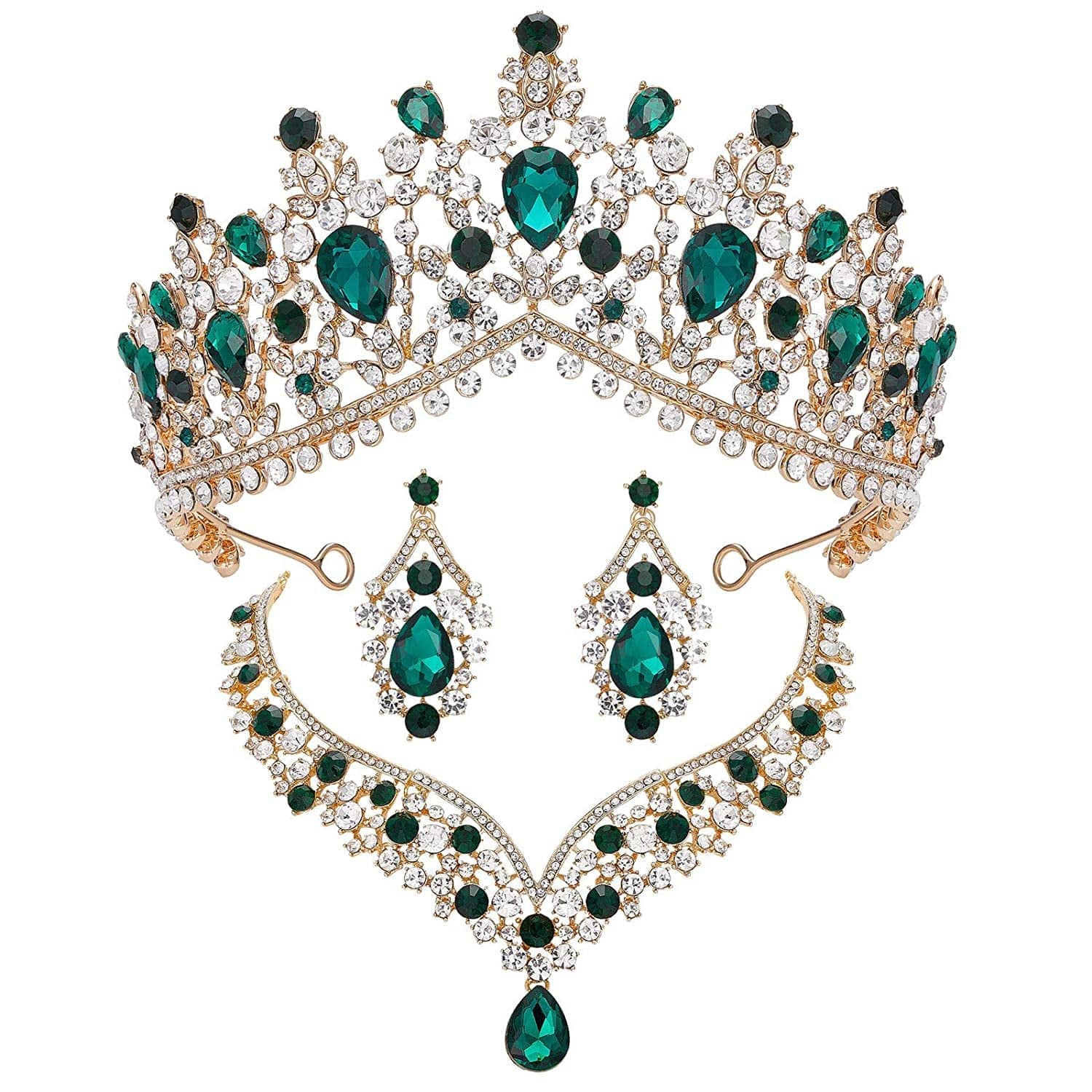 Gothic Tiaras and Crowns for Women, Black Tiara Earrings Necklace, Bridal Jewelry Set, Goth Crystal Costume Party Halloween Prom Pageant Jewelry for Women Green