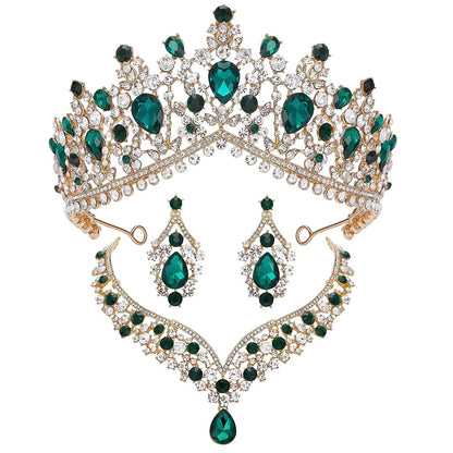 Gothic Tiaras and Crowns for Women, Black Tiara Earrings Necklace, Bridal Jewelry Set, Goth Crystal Costume Party Halloween Prom Pageant Jewelry for Women Green