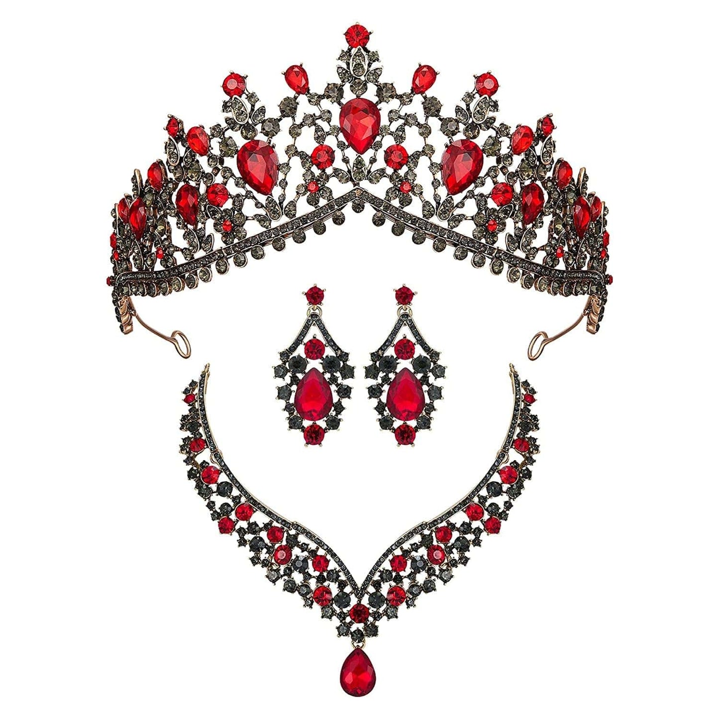 Gothic Tiaras and Crowns for Women, Black Tiara Earrings Necklace, Bridal Jewelry Set, Goth Crystal Costume Party Halloween Prom Pageant Jewelry for Women Red