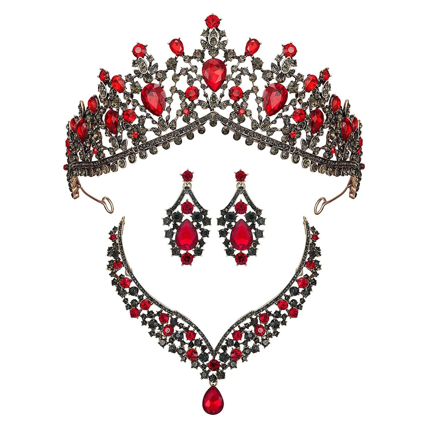 Gothic Tiaras and Crowns for Women, Black Tiara Earrings Necklace, Bridal Jewelry Set, Goth Crystal Costume Party Halloween Prom Pageant Jewelry for Women Red