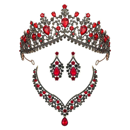 Gothic Tiaras and Crowns for Women, Black Tiara Earrings Necklace, Bridal Jewelry Set, Goth Crystal Costume Party Halloween Prom Pageant Jewelry for Women Red