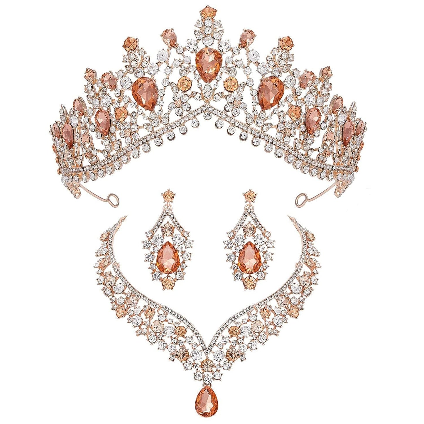Gothic Tiaras and Crowns for Women, Black Tiara Earrings Necklace, Bridal Jewelry Set, Goth Crystal Costume Party Halloween Prom Pageant Jewelry for Women Rose Gold