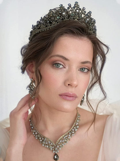 Gothic Tiaras and Crowns for Women, Black Tiara Earrings Necklace, Bridal Jewelry Set, Goth Crystal Costume Party Halloween Prom Pageant Jewelry for Women