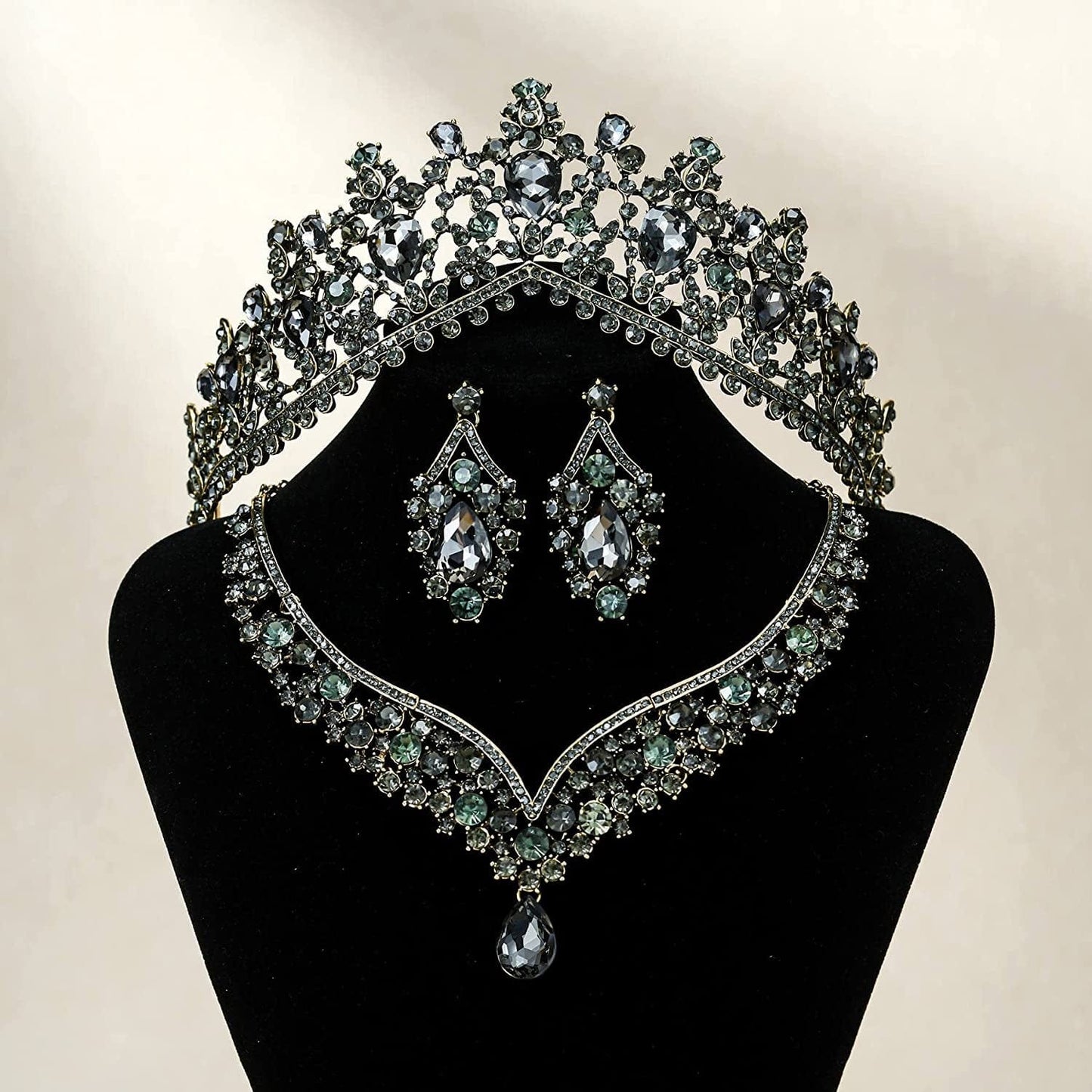 Gothic Tiaras and Crowns for Women, Black Tiara Earrings Necklace, Bridal Jewelry Set, Goth Crystal Costume Party Halloween Prom Pageant Jewelry for Women