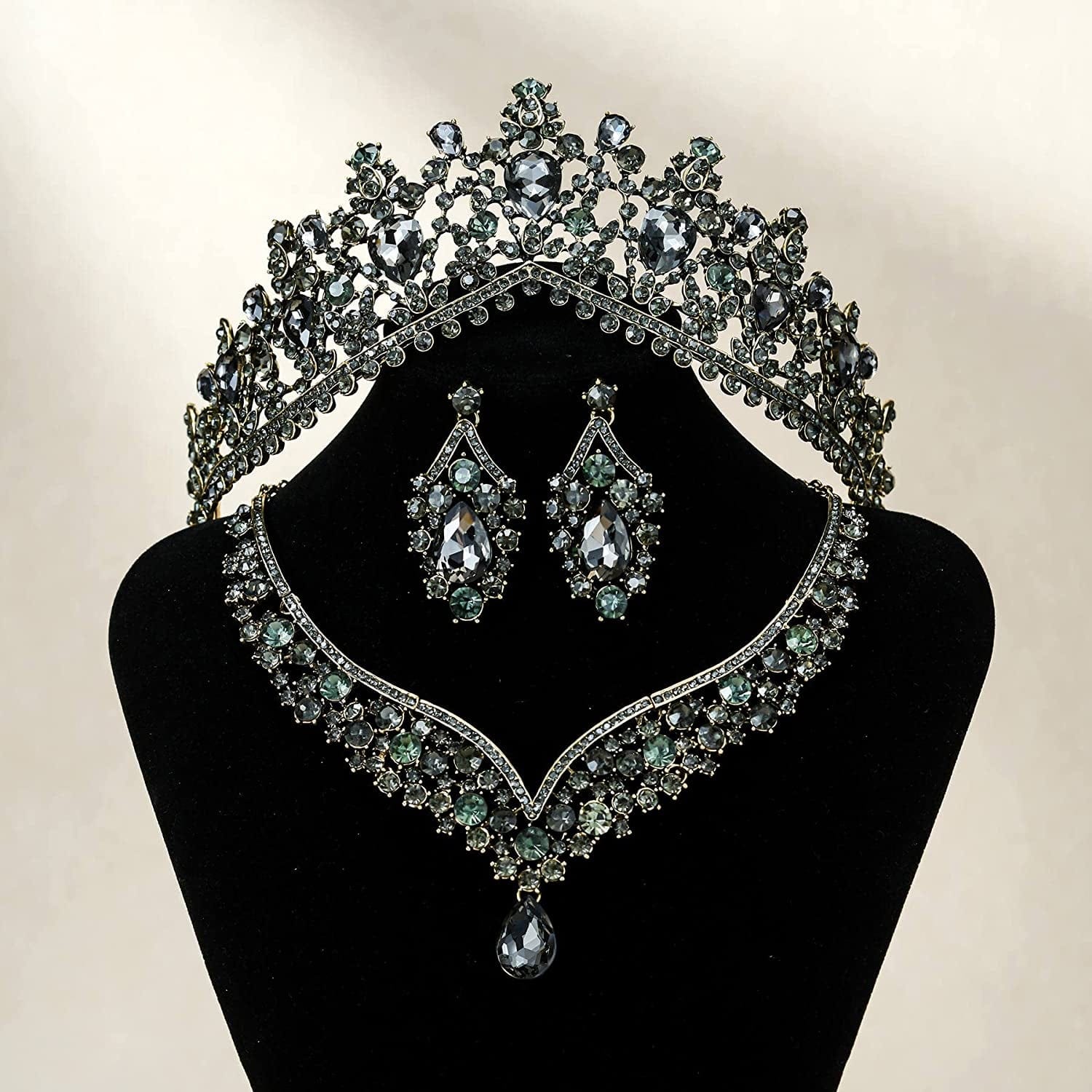 Gothic Tiaras and Crowns for Women, Black Tiara Earrings Necklace, Bridal Jewelry Set, Goth Crystal Costume Party Halloween Prom Pageant Jewelry for Women