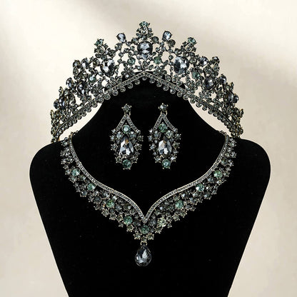 Gothic Tiaras and Crowns for Women, Black Tiara Earrings Necklace, Bridal Jewelry Set, Goth Crystal Costume Party Halloween Prom Pageant Jewelry for Women