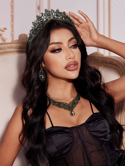 Gothic Tiaras and Crowns for Women, Black Tiara Earrings Necklace, Bridal Jewelry Set, Goth Crystal Costume Party Halloween Prom Pageant Jewelry for Women