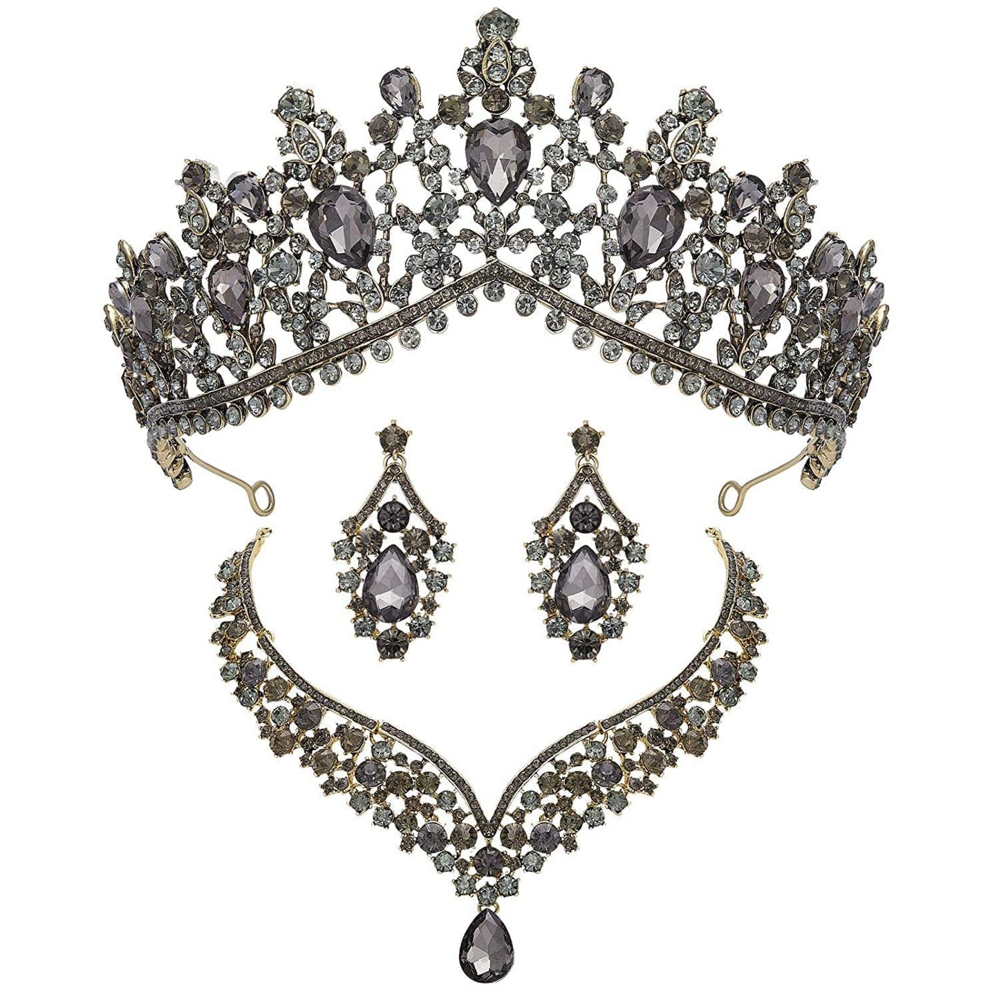 Gothic Tiaras and Crowns for Women, Black Tiara Earrings Necklace, Bridal Jewelry Set, Goth Crystal Costume Party Halloween Prom Pageant Jewelry for Women Black