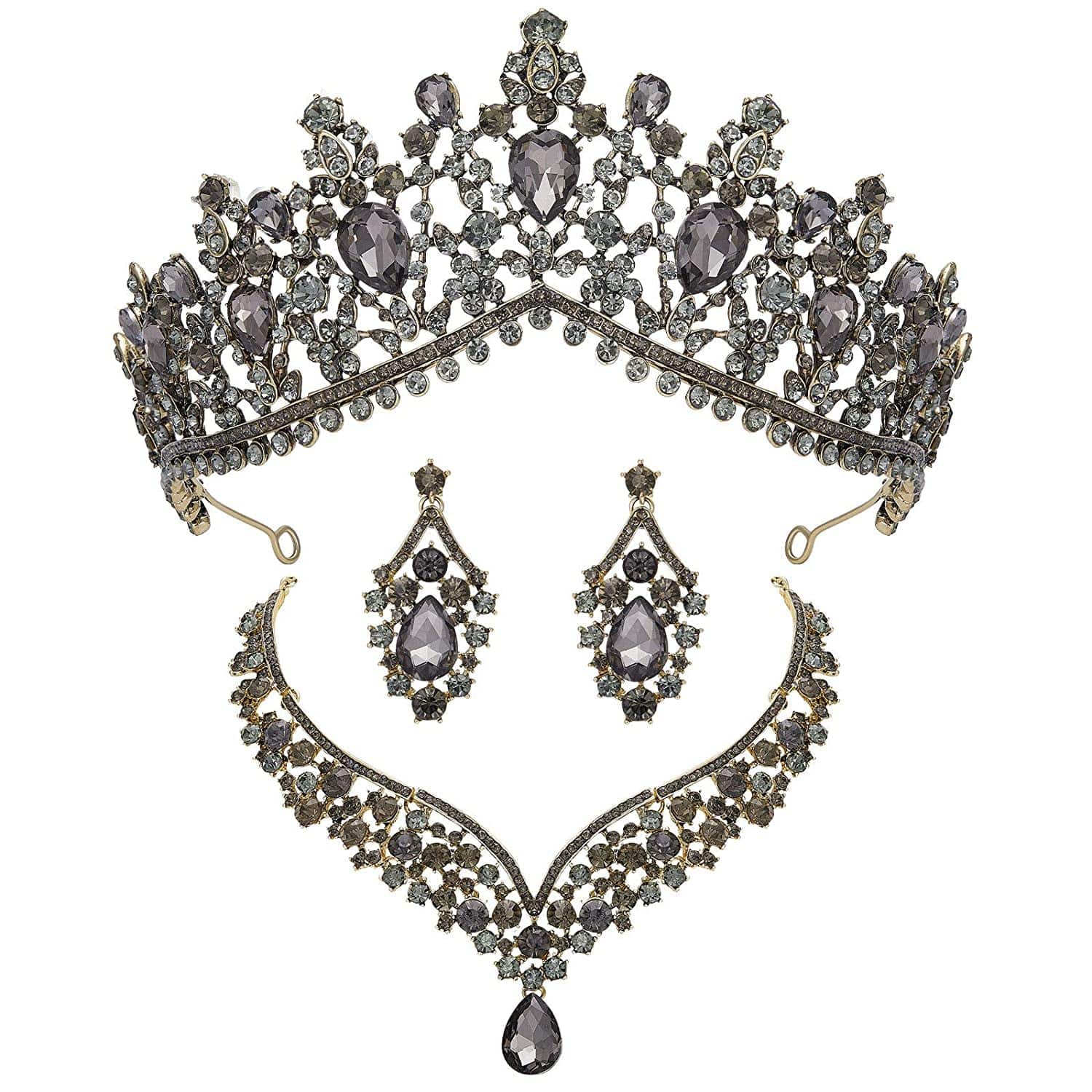 Gothic Tiaras and Crowns for Women, Black Tiara Earrings Necklace, Bridal Jewelry Set, Goth Crystal Costume Party Halloween Prom Pageant Jewelry for Women Black