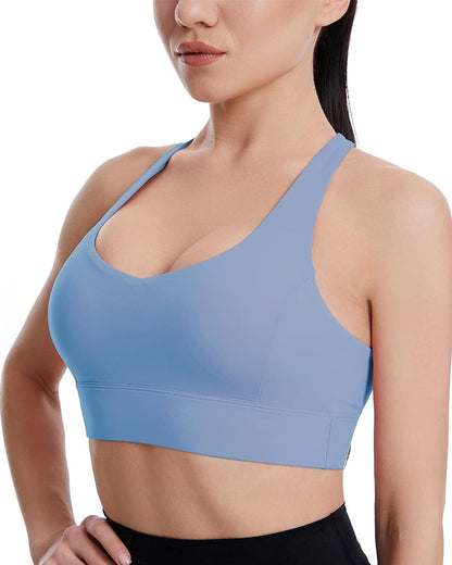 Grace Form Strappy Sports Bra for Women, Padded High Impact Push up Athletic Running Sports Bra Workout Top Yoga Bra B-1-gray Blue / Small