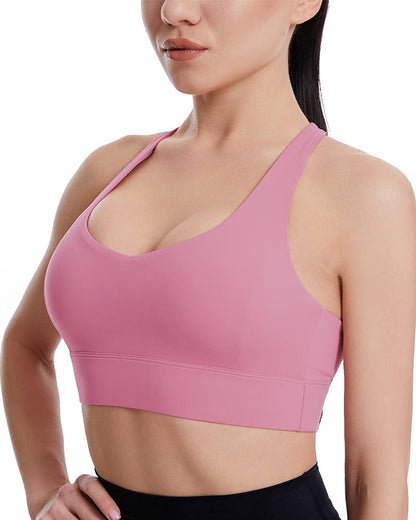 Grace Form Strappy Sports Bra for Women, Padded High Impact Push up Athletic Running Sports Bra Workout Top Yoga Bra B-1-peach Red / X-Large