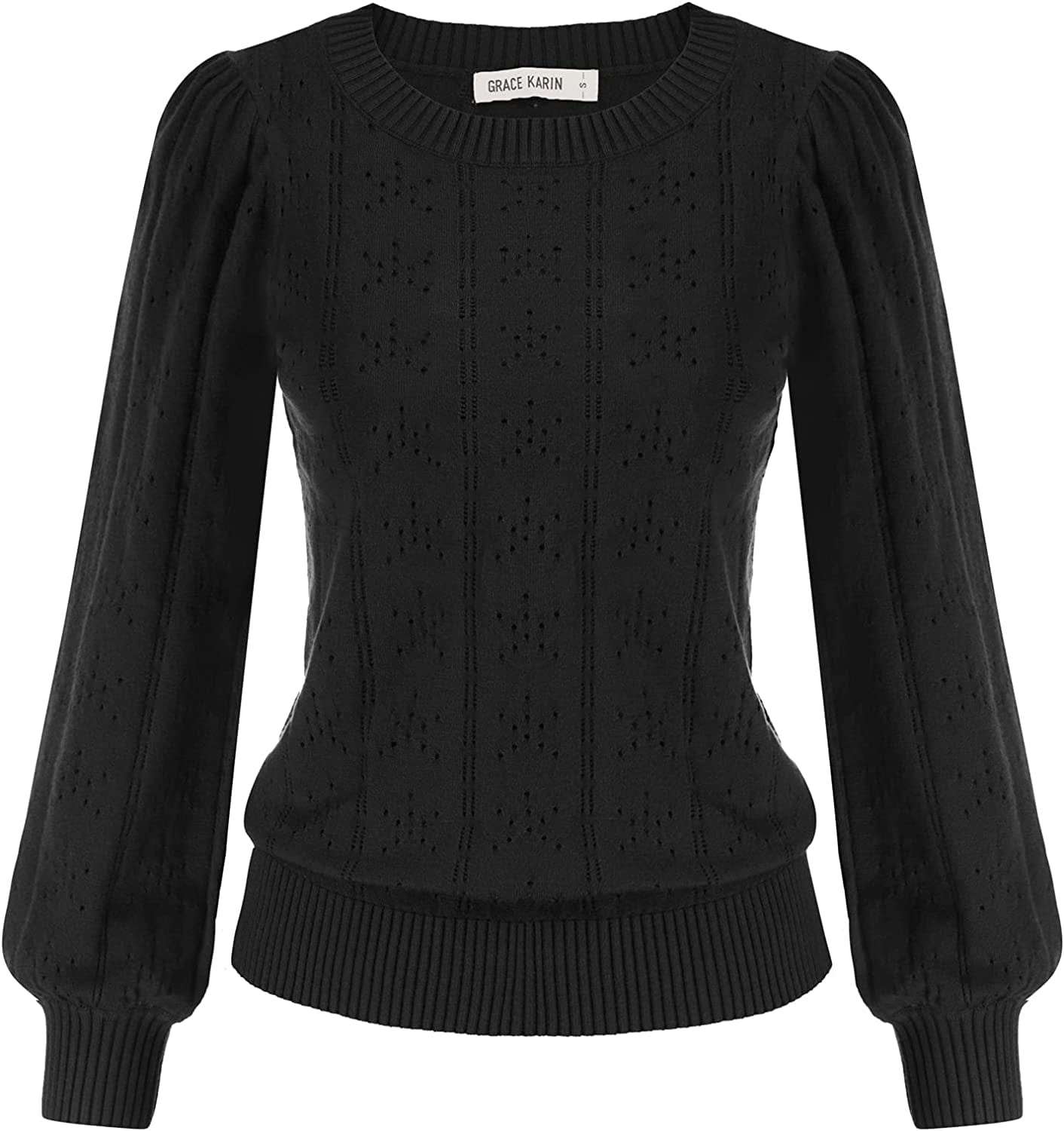 GRACE KARIN Womens Lightweight Soft Summer Puff Short Sleeve Tops Thin Pullover Sweater Knit Shirt Blouse Cl0834 Black Long Sleeve / XX-Large