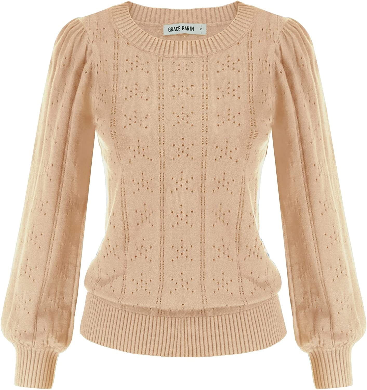 GRACE KARIN Womens Lightweight Soft Summer Puff Short Sleeve Tops Thin Pullover Sweater Knit Shirt Blouse Cl0834 Khaki Long Sleeve / XX-Large