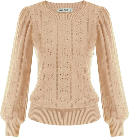 GRACE KARIN Womens Lightweight Soft Summer Puff Short Sleeve Tops Thin Pullover Sweater Knit Shirt Blouse Cl0834 Khaki Long Sleeve / XX-Large