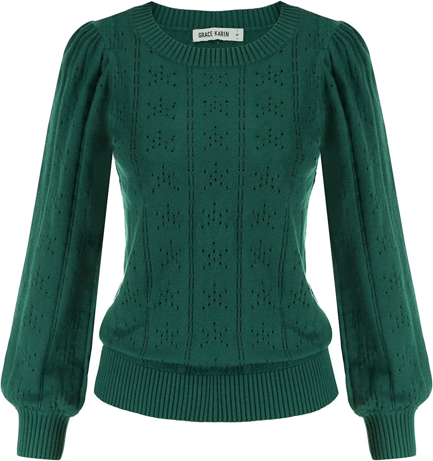 GRACE KARIN Womens Lightweight Soft Summer Puff Short Sleeve Tops Thin Pullover Sweater Knit Shirt Blouse Cl0834 Green Long Sleeve / XX-Large