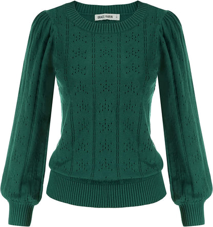 GRACE KARIN Womens Lightweight Soft Summer Puff Short Sleeve Tops Thin Pullover Sweater Knit Shirt Blouse Cl0834 Green Long Sleeve / XX-Large