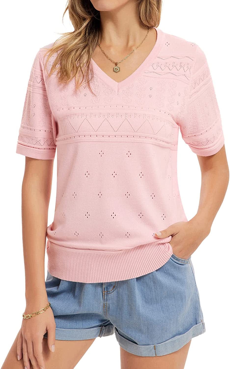 GRACE KARIN Womens Lightweight Soft Summer Puff Short Sleeve Tops Thin Pullover Sweater Knit Shirt Blouse Light Pink a / XX-Large