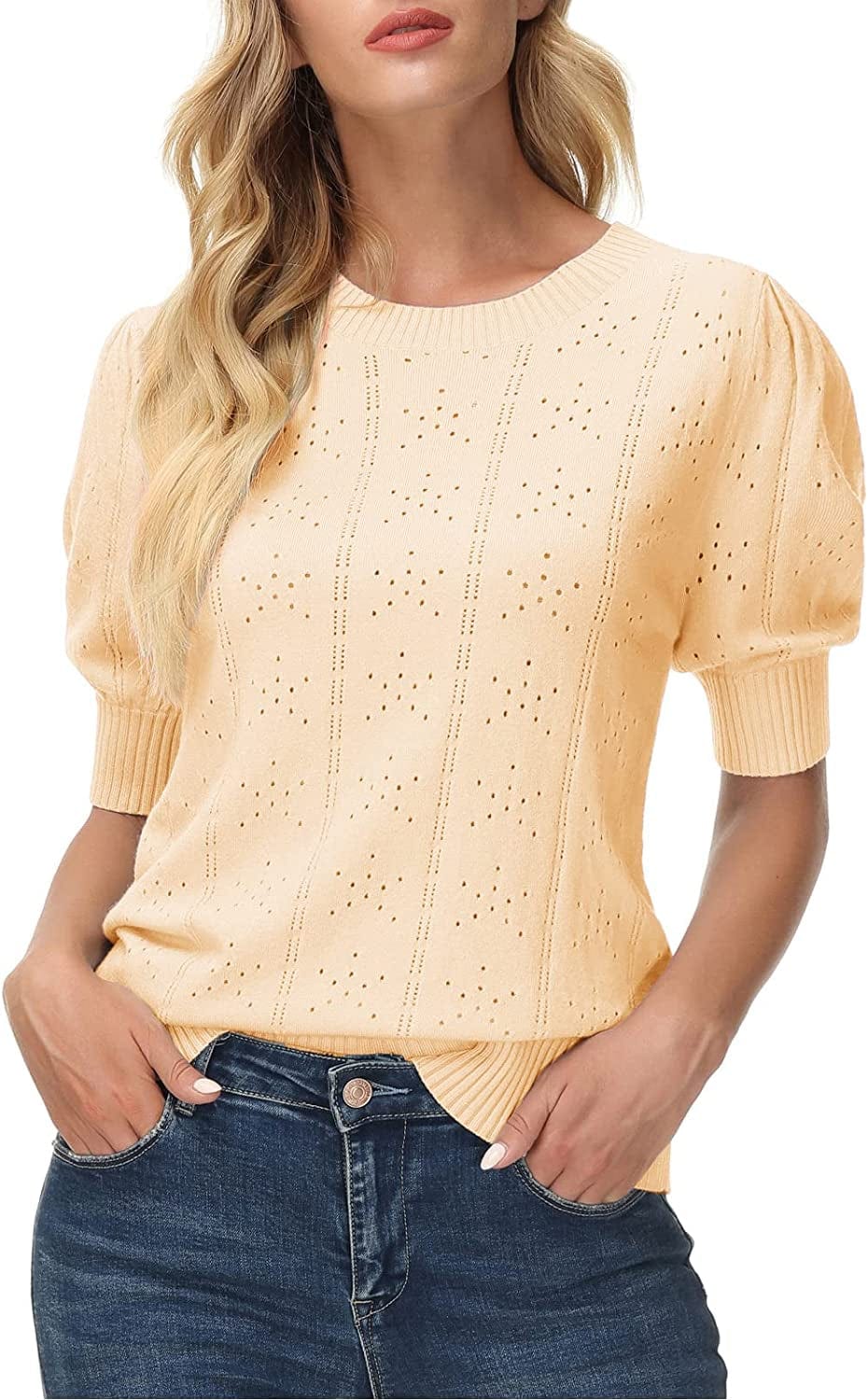 GRACE KARIN Womens Lightweight Soft Summer Puff Short Sleeve Tops Thin Pullover Sweater Knit Shirt Blouse Light Yellow / XX-Large